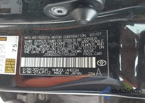 2007 Toyota Prius from USA, damaged, VIN JTDKB20U277693687